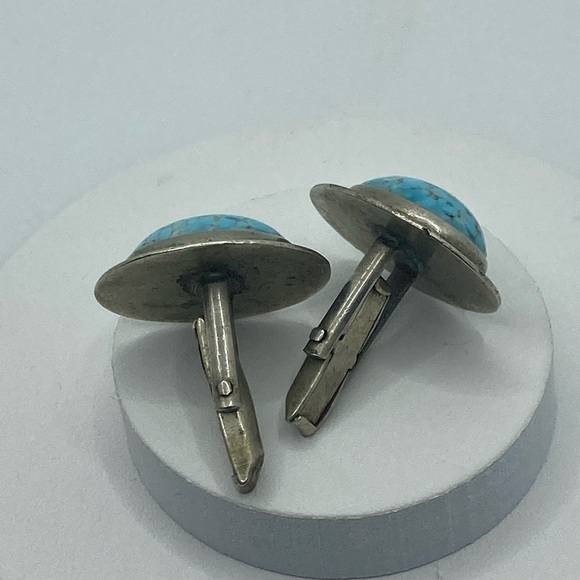 Vtg Turquoise Hubbell Glass Cabochon Silver Tone Cufflinks 1” - Picture 4 of 5
